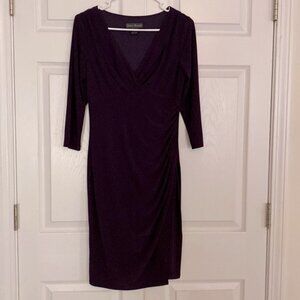 Jessica Howard Fitted Sheath Dress 8P Purple 3/4 Sleeves V Neck Gathered Waist